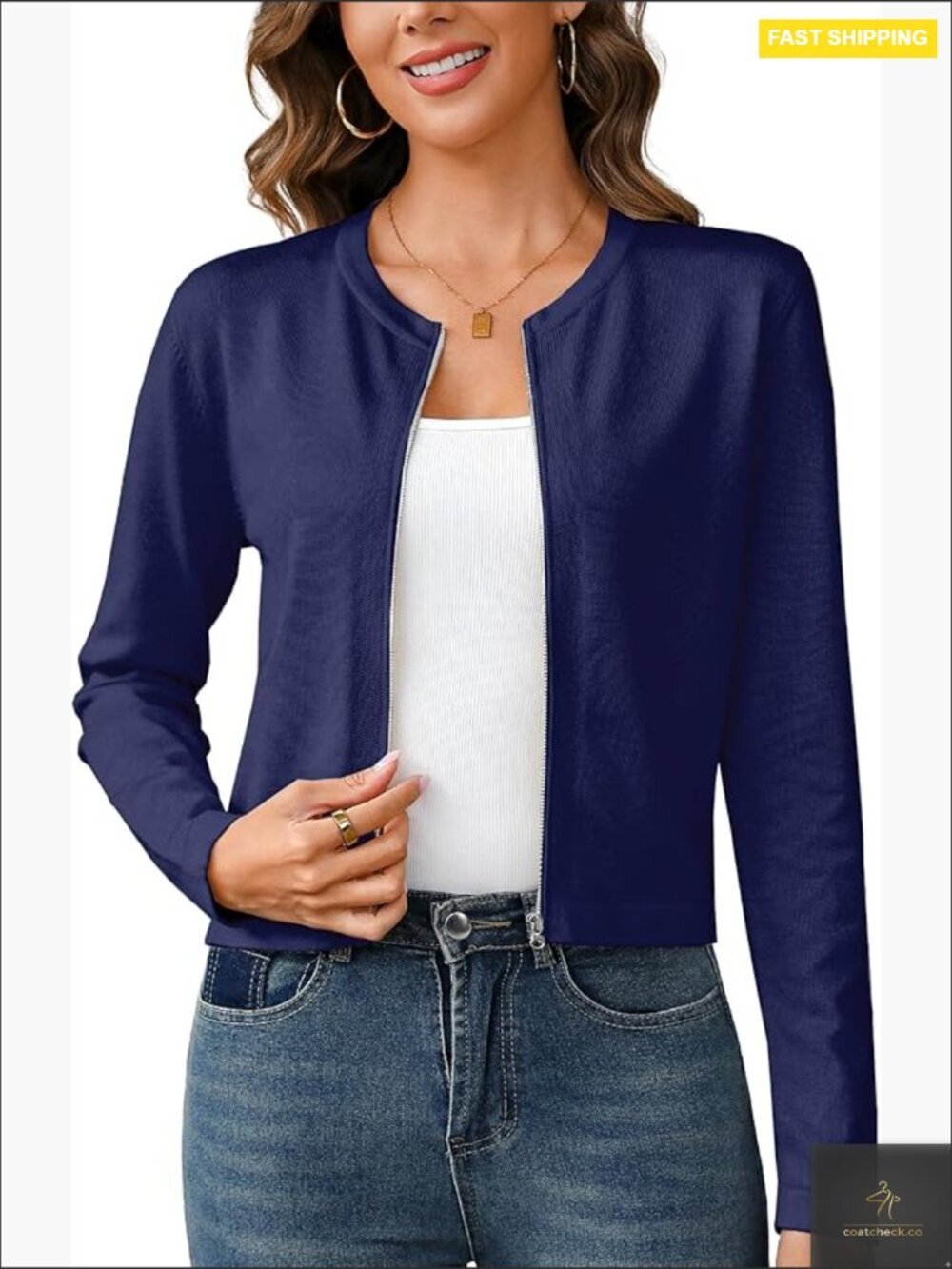 Zip-Up Cropped Cardigan Sweater Lightweight Knit Long Sleeve Layering Piece